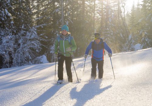 Winterwanderer mit Stöcken am verschneiten Waldrand