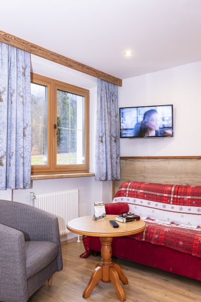 Sitzecke mit Sofa, Tisch und Fernseher