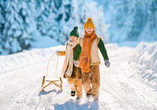Zwei Kinder ziehen einen Schlitten durch den Schnee